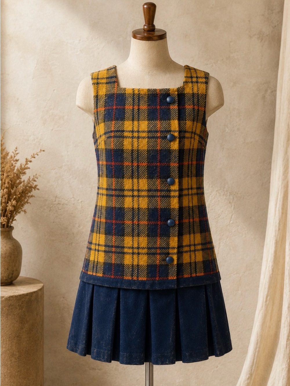 Vintage 60s/70s - Yellow & Navy Plaid Mini Jumper Dress -S/M